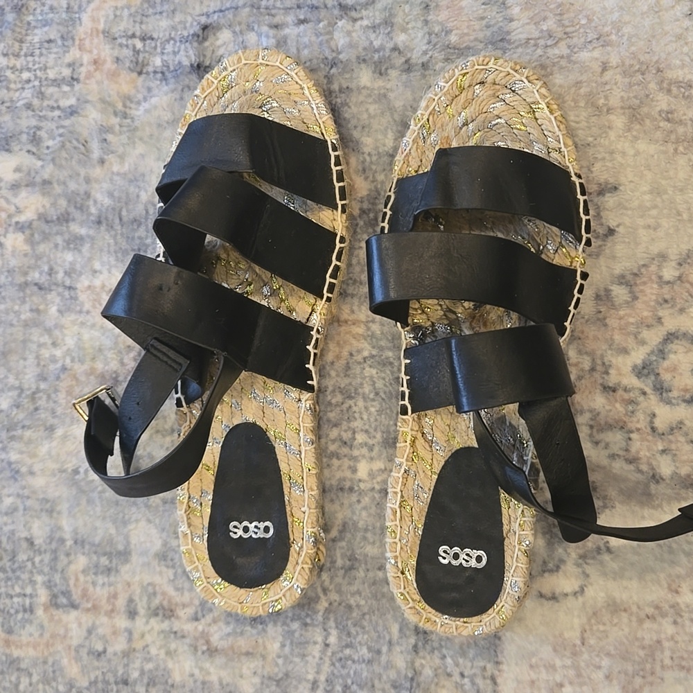 Asos Black Faux Leather Espadrille Sandal Sz 7 - Picture 3 of 7